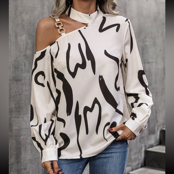 Elegant Off Cold Shoulder Asymmetrical Neck Long Sleeve Top Blouse Shirt - Picture 5 of 6